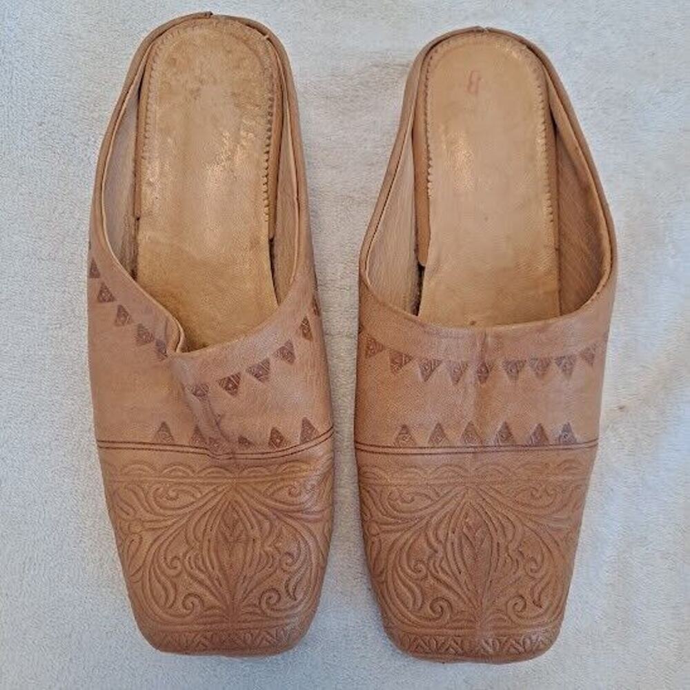 Vintage Natural Leather Mules Size 8 Tooled Square Toe 1.5" Heel Production FES